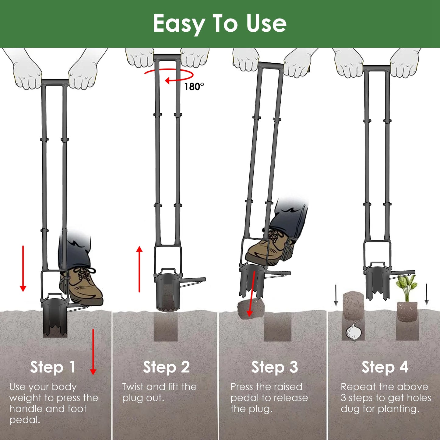 1Set 5 In 1 Bulb Planter Tool Long Handle Gardening Bulb Transplanter With Gloves Brush Serrated Base Dual Pedal Digging Holes To Plant Tulips Iris Daffodil