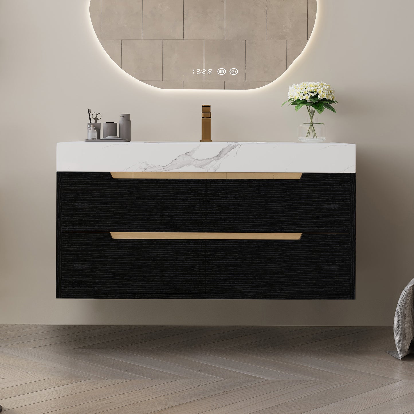 35.4 Modern Bathroom Vanity With Undermount Sink, Sintered Stone Top, Waterproof Multi-layer Solid Wood, 4 Drawers Storage, Free Standing Wall-Mounted