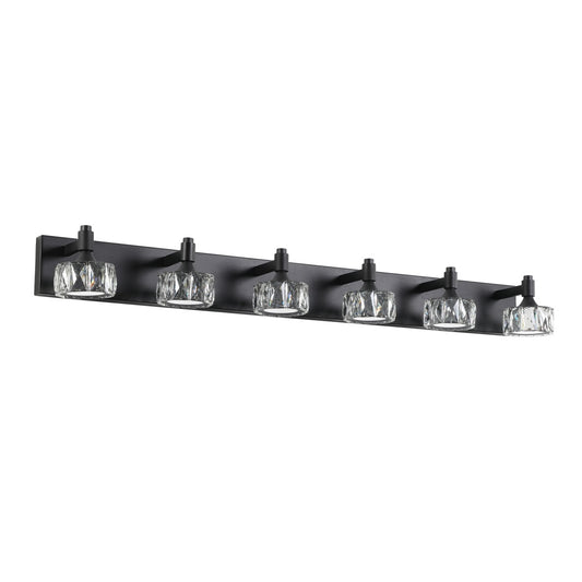 Modern 6-Light Matte Black LED Vanity Light Fixture With Crystal Glass Shades, Bathroom Wall Sconce For Elegant And Contemporary Home Decor