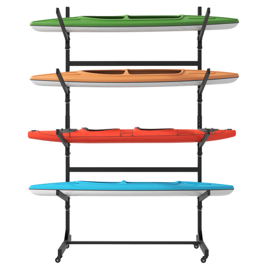 80in H Freestanding Kayak Storage Rack - Holds 4 Kayaks, Heavy-Duty Adjustable Stand With Lockable Wheels For Kayak, Canoe, SUP & Surfboard, 45.87 Wx28.94 Dx80 H