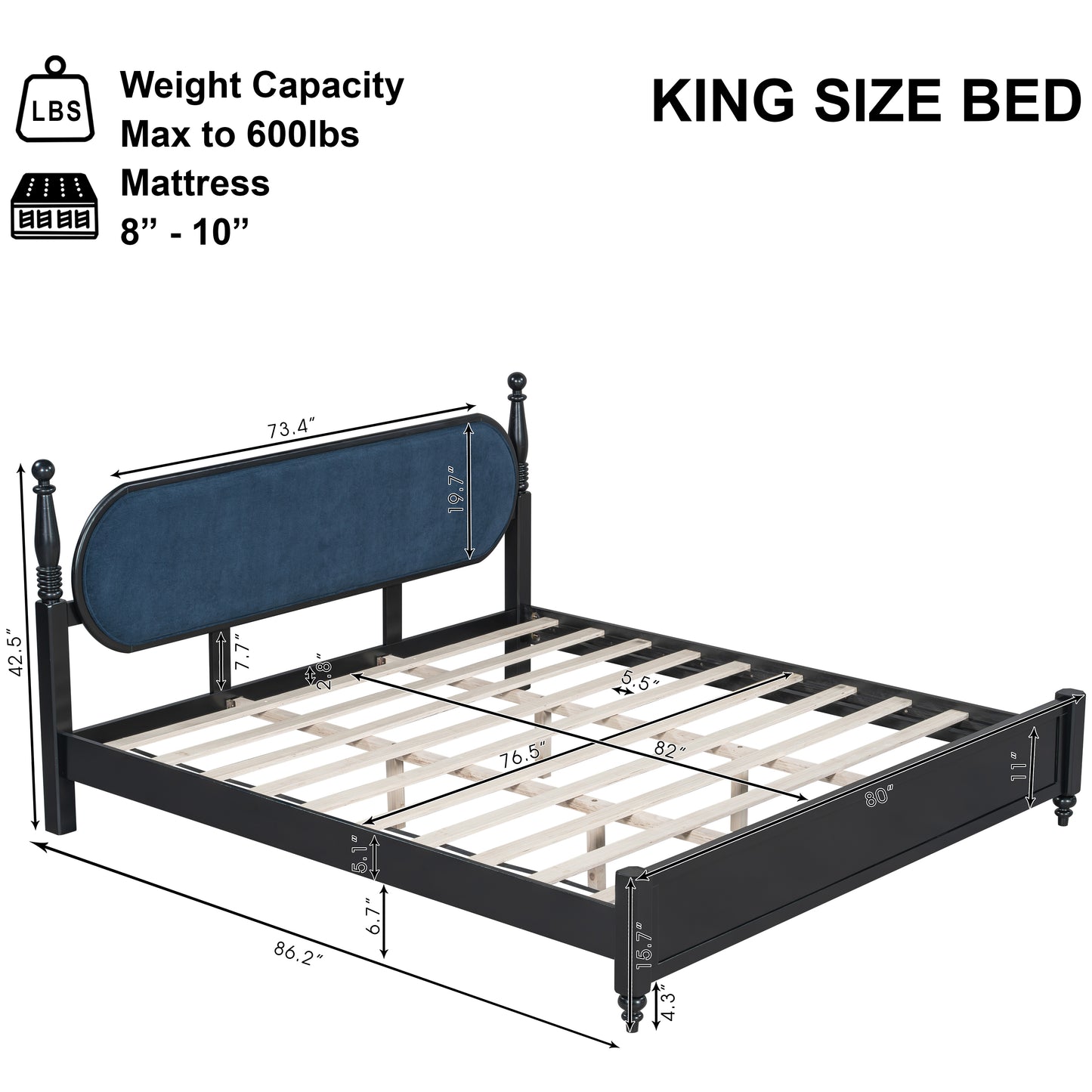 King Bed Frame, Solid Wood Platform With Slats, Modern Navy Blue & Black Bedroom Furniture, No Box Spring Needed