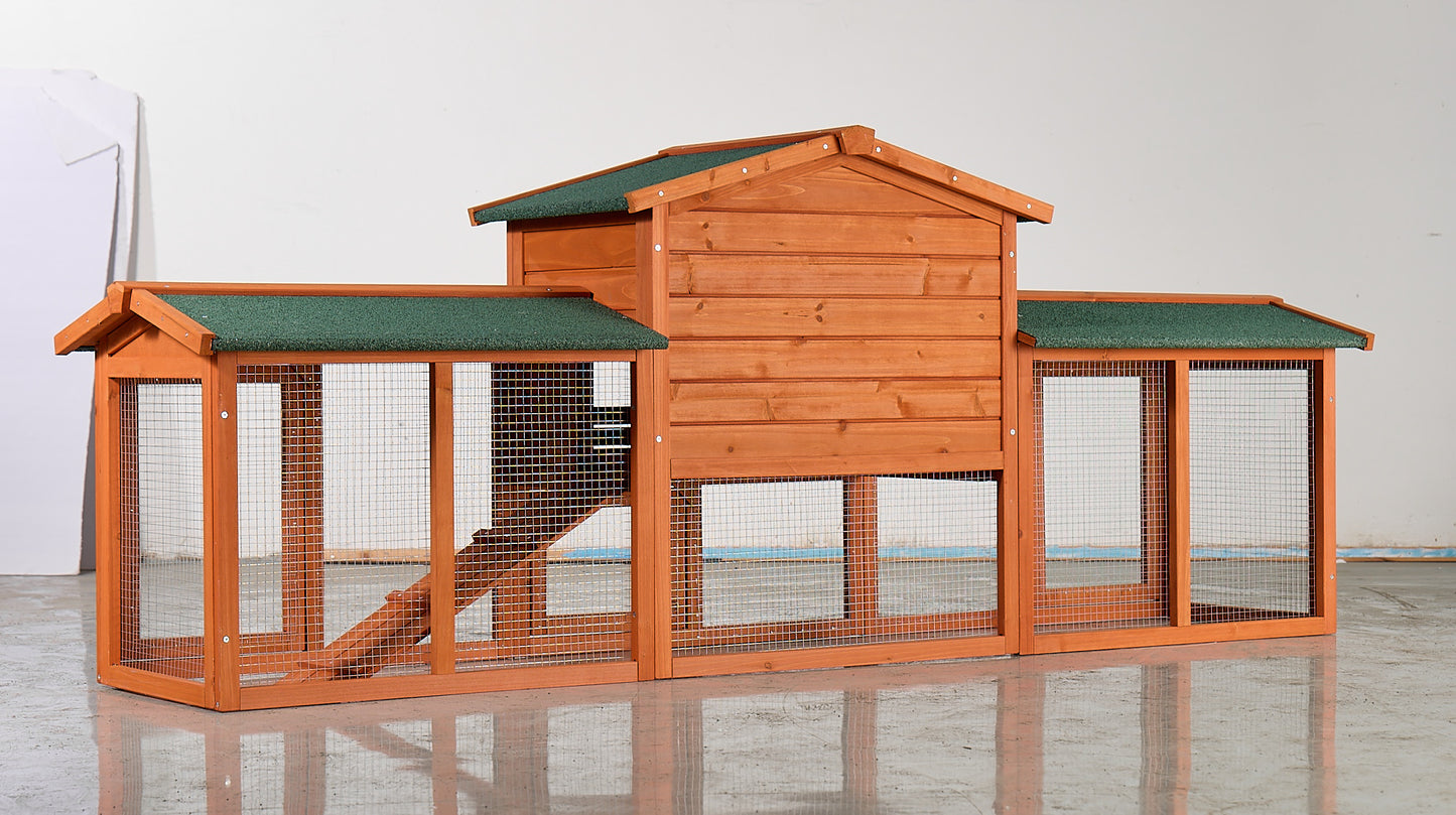 Large Wooden Rabbit Hutch, Outdoor Bunny Cage With Spacious Run, Waterproof Asphalt Roof, Pull-Out Tray And Ramp, Fir Wood Pet House For Rabbits, Chickens And Small Animals Brown & Green