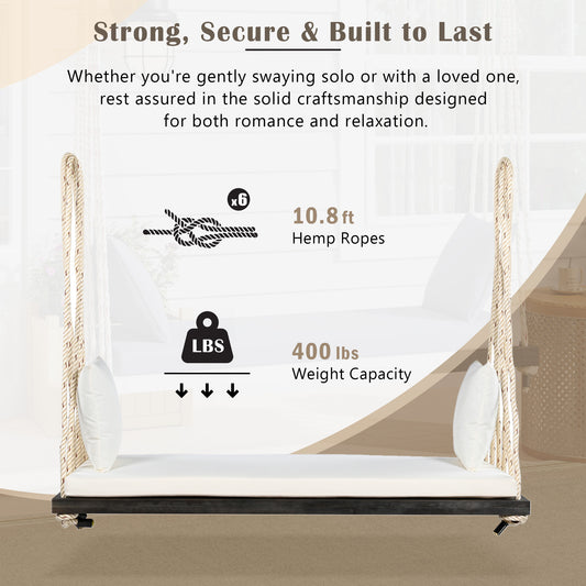 TOPMAx Patio Wooden Swing Chair  Hanging Porch Swing Bench With Cushion&Pillows  10.8Ft Hemp Ropes For Garden    Lawn Brown