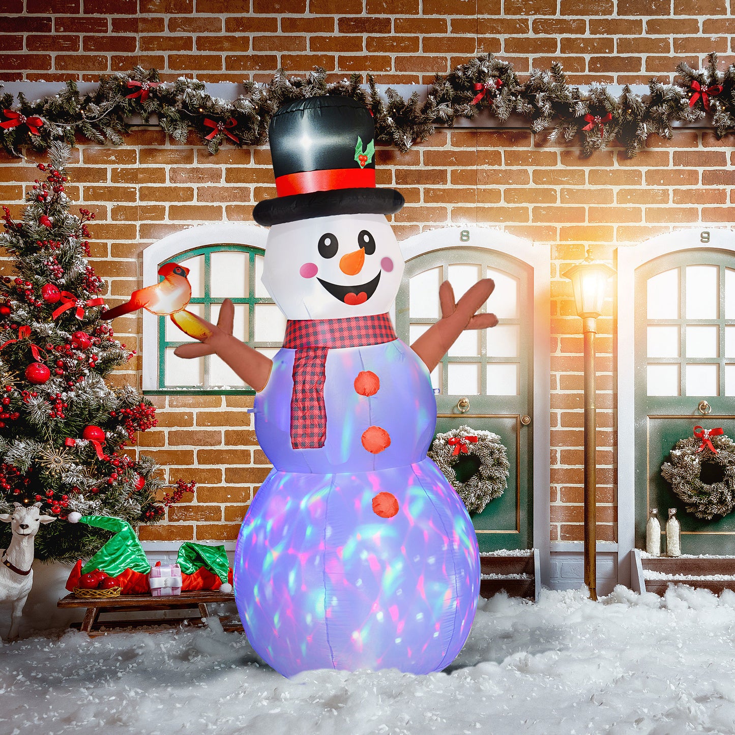 7.9' Inflatable Branch Hand Snowman W/ Rotating Colorful LED Light, Blow-Up Outdoor Display For Party