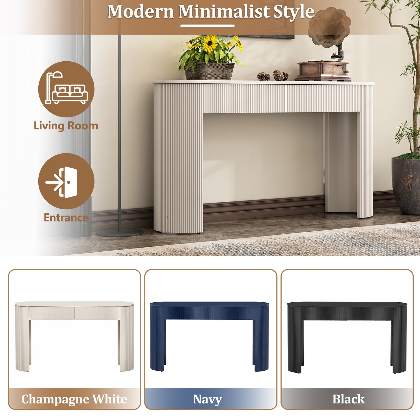 TREXM Entryway Table With Fluted Design  Modern Console Table With Storage  Oval Top And 2 Drawers For Entryway And Living Room  Champagne White