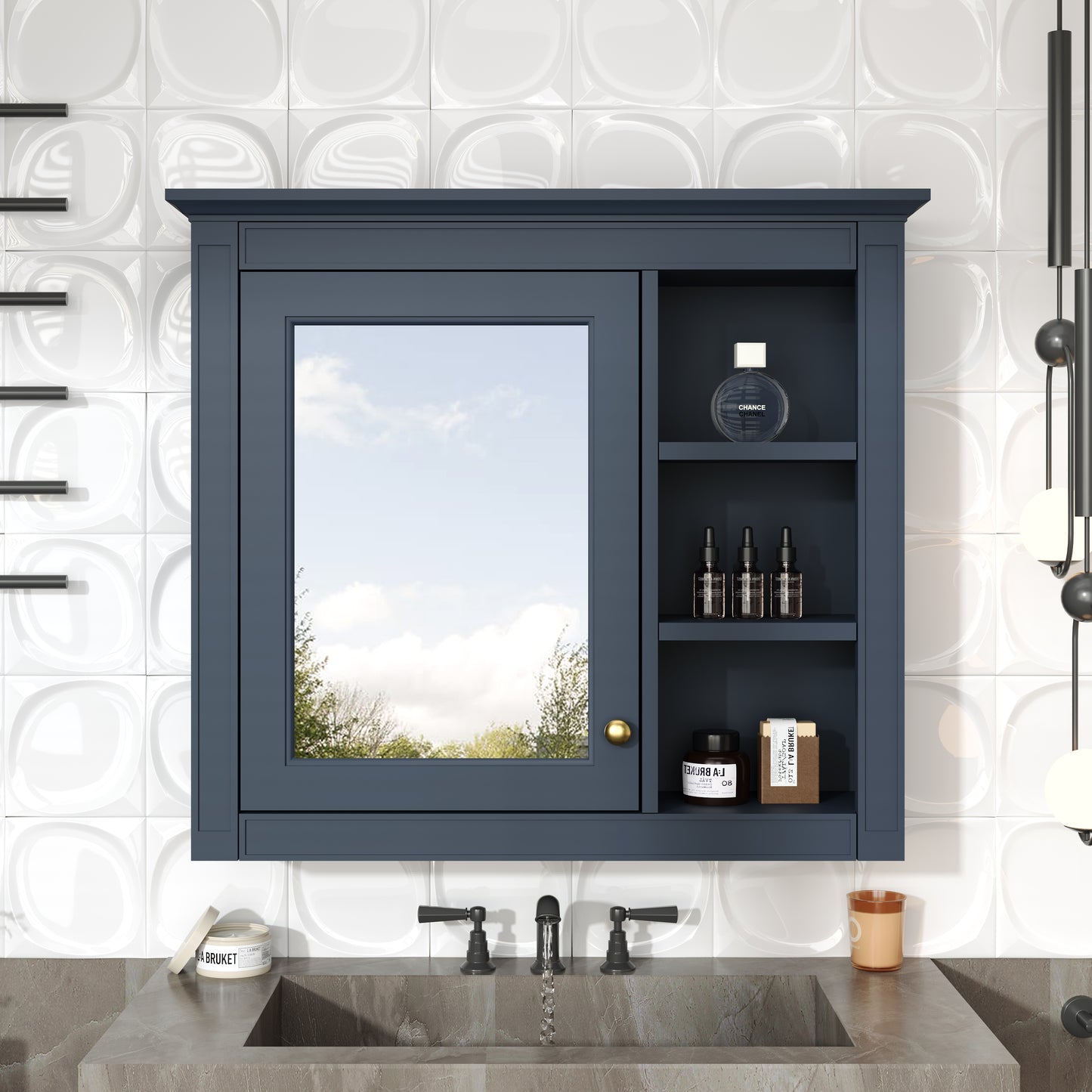 30   X 28   Medicine Cabinet, Wall Mounted Bathroom Storage Cabinet, Modern Bathroom Wall Cabinet With Mirror,Medicine Cabinet, Mirror Cabinet With 3 Open Shelves   Not Include Bathroom Vanity