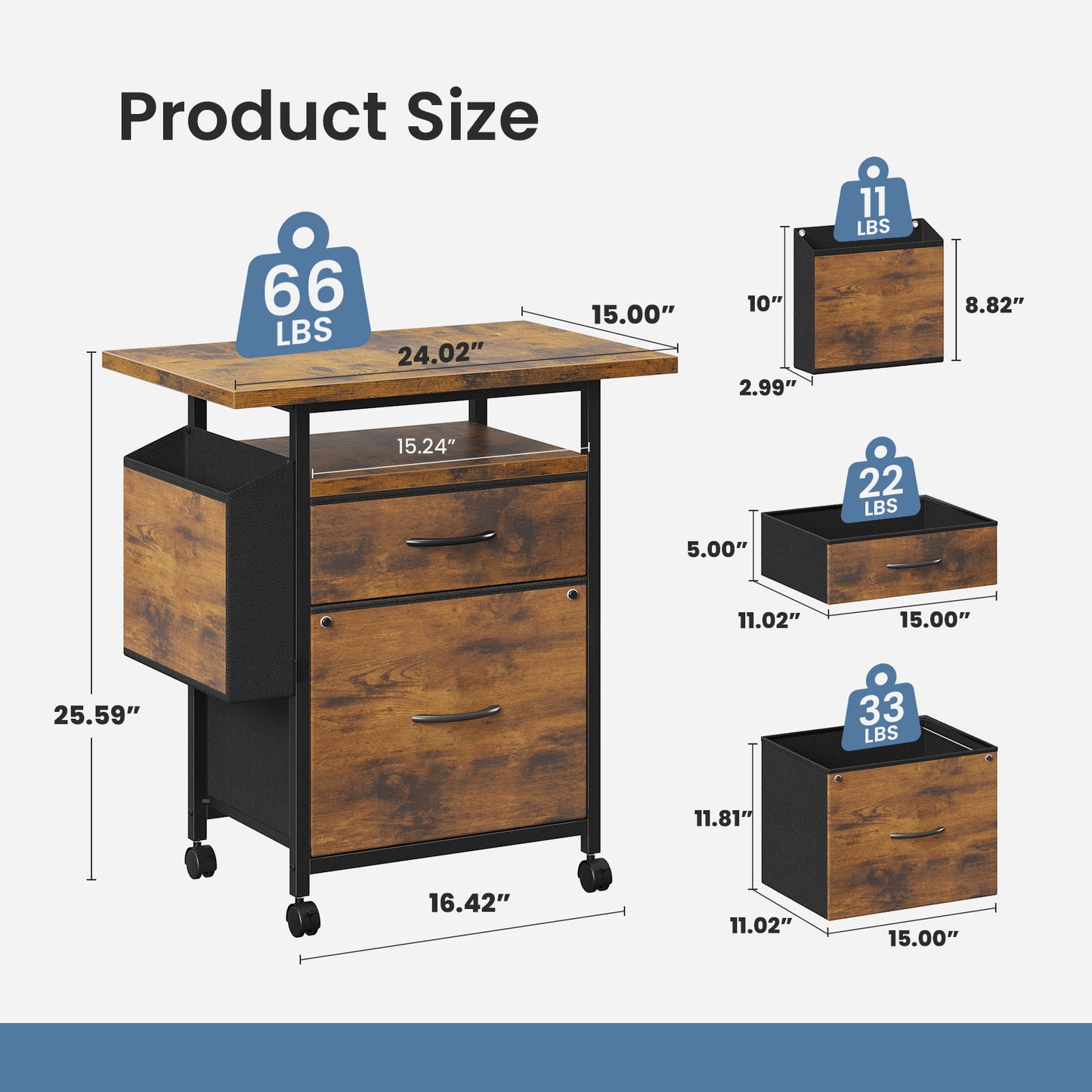 Rollable Filing Cabinet, Equipped With Drawers And Storage Shelves, Printer Placement Area, Size Suitable For A4 Paper Size