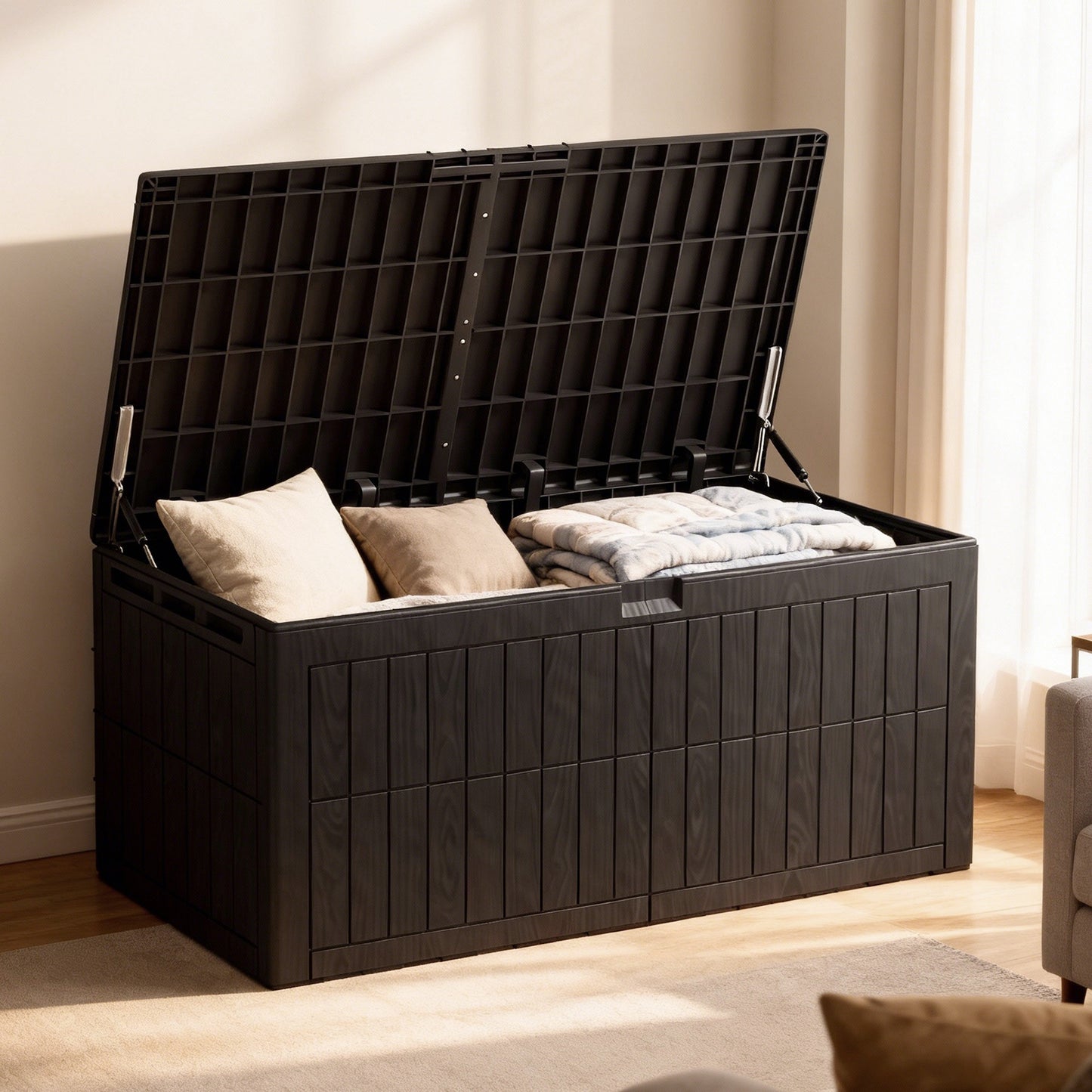 220 Gallons Outdoor Storage Box Large Capacity Water Proof Lockable Resin Deck Box For Tools Pool Accessories Sports Equipment Black