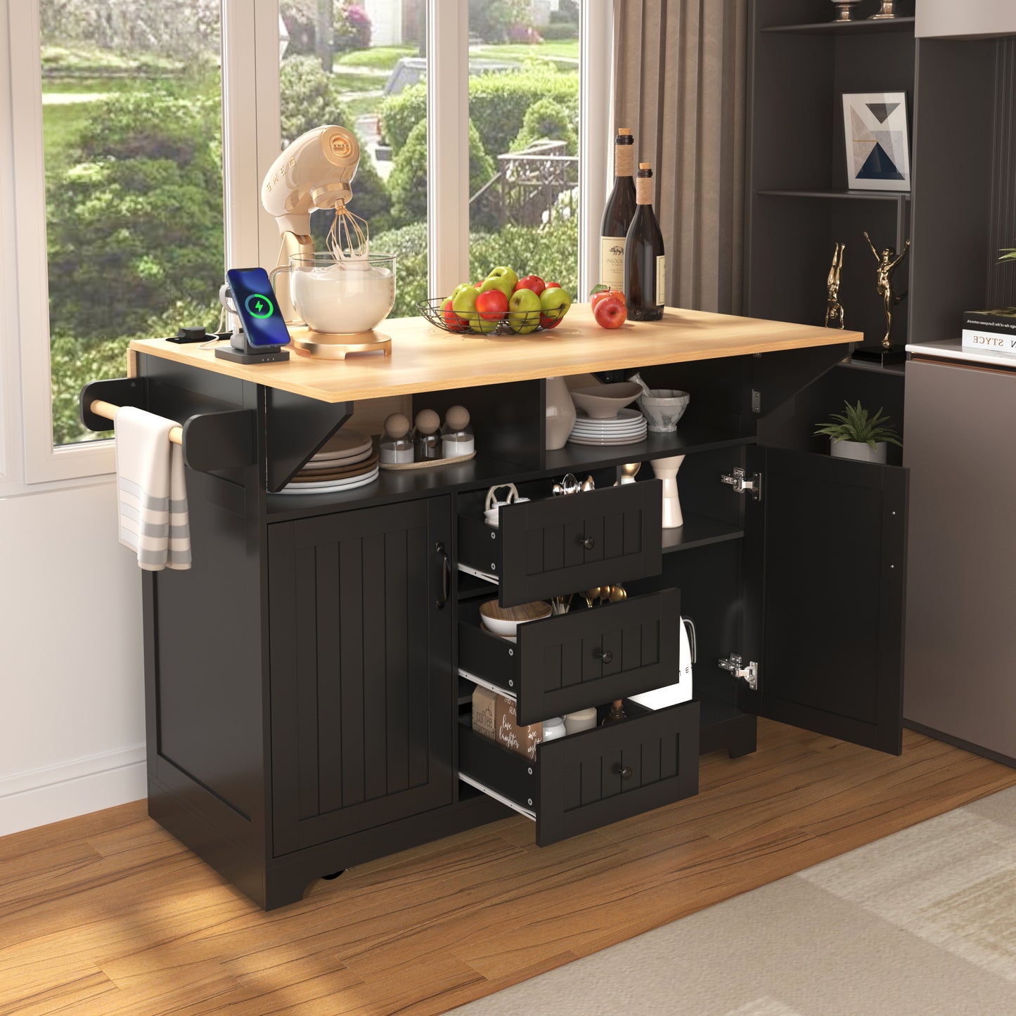 K&K 55.7  Large Kitchen Island With 2 Drop Leaf,, Rolling Kitchen Cart On 5 Wheels With Power Outlet, Folding Storage Dining Table With Spice & Towel Rack , 3 Drawers, For Kitchen, Dining Room,Black