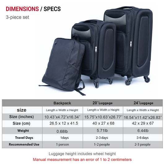 20 24  Travel Case Two-piece Suitcase Set Oxford Trolley Case Without Password Lock Universal Wheel   Oxford Cloth Backpack  BLACK