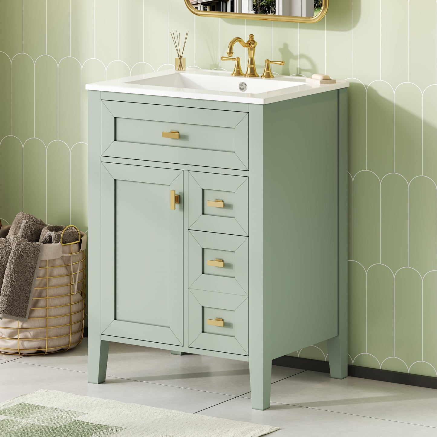 24'' Green Bathroom Vanity With Sink, MDF & Rubberwood Construction, 3 Drawers & Cabinet With 2-Tier Door Storage Rack, Soft-Close Door & Drawers, Modern Design For Small To Medium Bathrooms