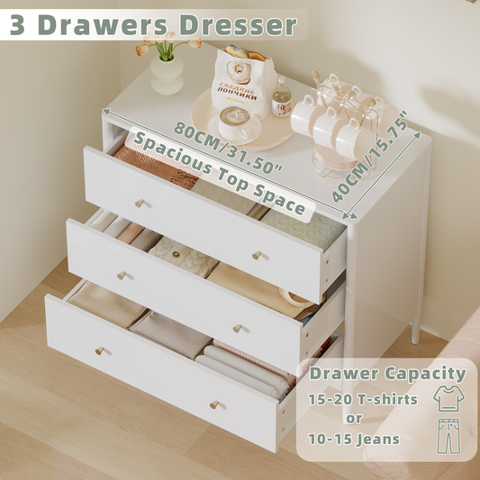 3 Drawer Dresser Chest, Modern White Storage Cabinet, MDF Wood Organizer For Bedroom, Living Room, Entryway, Small Space Furniture