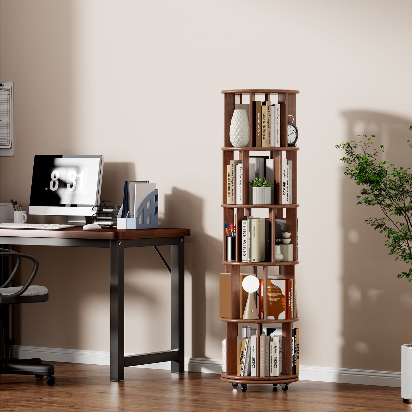 1 0 0 Solid Wood Rotating Bookshelf On Wheels,5 Tier, Round Revolving Bookcase, 360 Spinning Book Shelf Tower For Kids, Narrow Rolling Bookshelves For Small Space, Corner, Bedroom, Office, Walnut