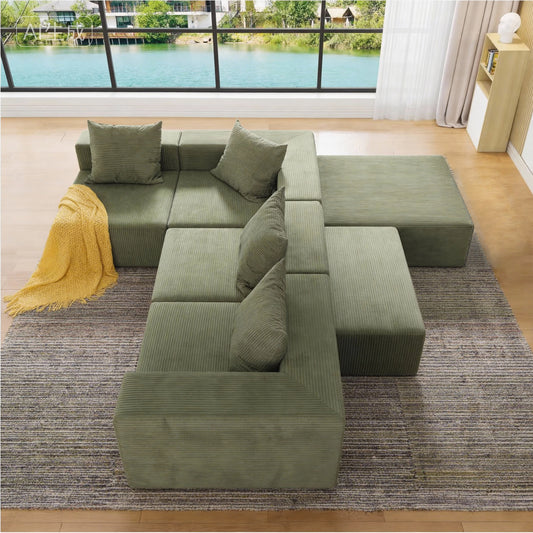 4-Seat Modular Sofa Sectional With Oversized Chaise & Ottomans - Cloud Couch In Soft Corduroy Fabric For Small Spaces, Living Room, Apartment  Green