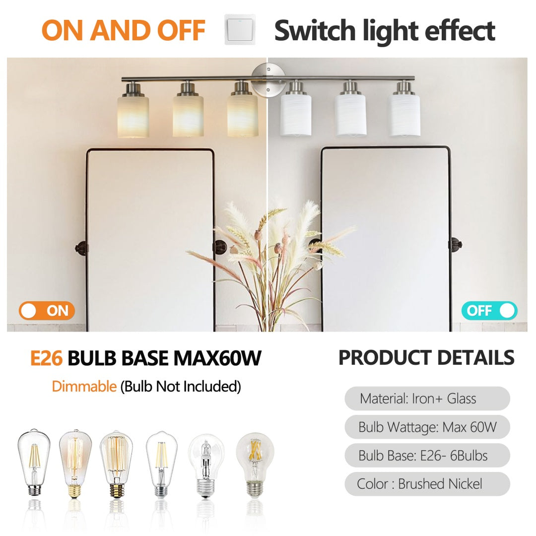 39  Modern 6-Light Vanity Wall Sconce, Brushed Nickel Finish With Frosted Glass Shades For Bathroom Or Hallway Lighting  No Bulbs