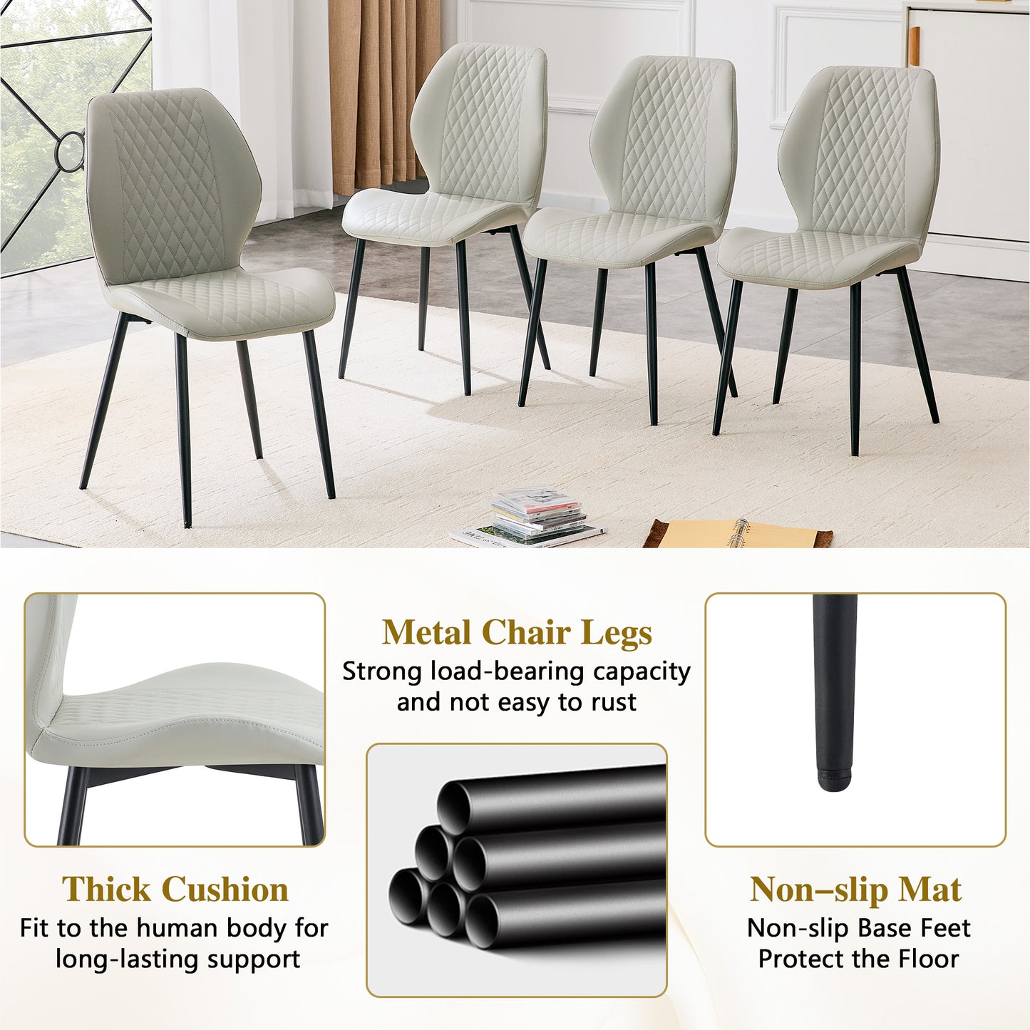 Set Of 4 Modern Light Luxury Light Gray Diamond-quilted PU Chairs With Black Metal Legs. Suitable As Upholstered Dining Chairs With Backrests For Dining Rooms, Adaptable To A Wide Range Of Scenarios.