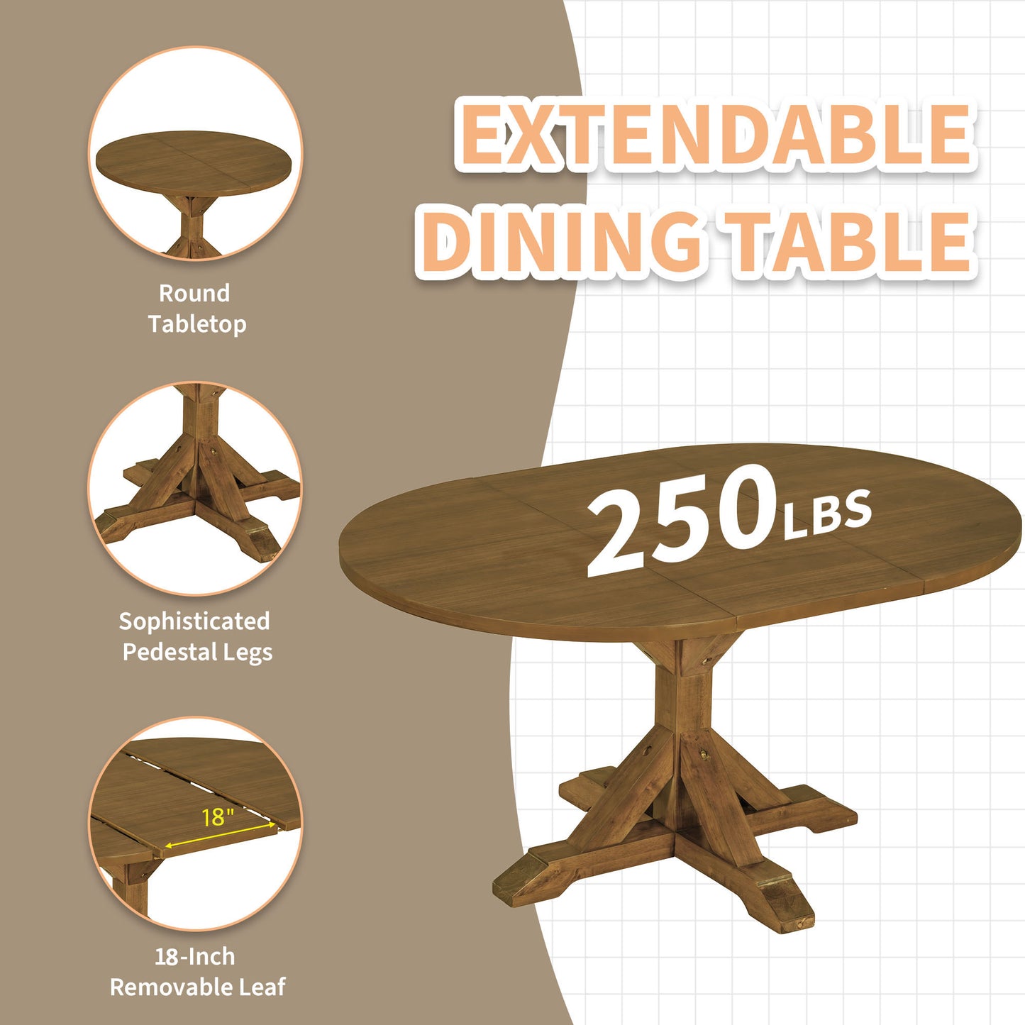 TOPMAX Farmhouse 6-Piece 60inch Extendable Pedestal Dining Table Set With 18inch Removable Leaf, 44inch Bench And 4 Ladder Back Dining Chairs, Dark Brown Beige OLD
