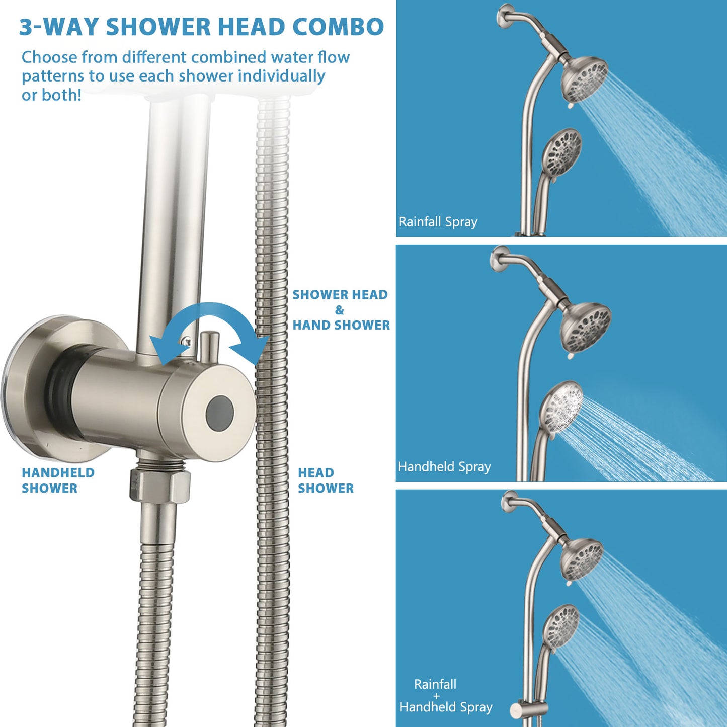 No-Tool Installation 5 Inch Rain Shower & 7-Spray Handheld Combo With 26  Adjustable Slide Bar, Dual Flow 1.8GPM WaterSense