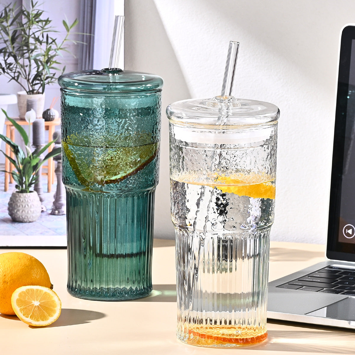20 Oz 2-pack Purple Glass Straw Cup With Vertical Pattern Cup And Lid, High Borosilicate Heat-resistant Glass Cup For Juice, Milk And Cold Drinks