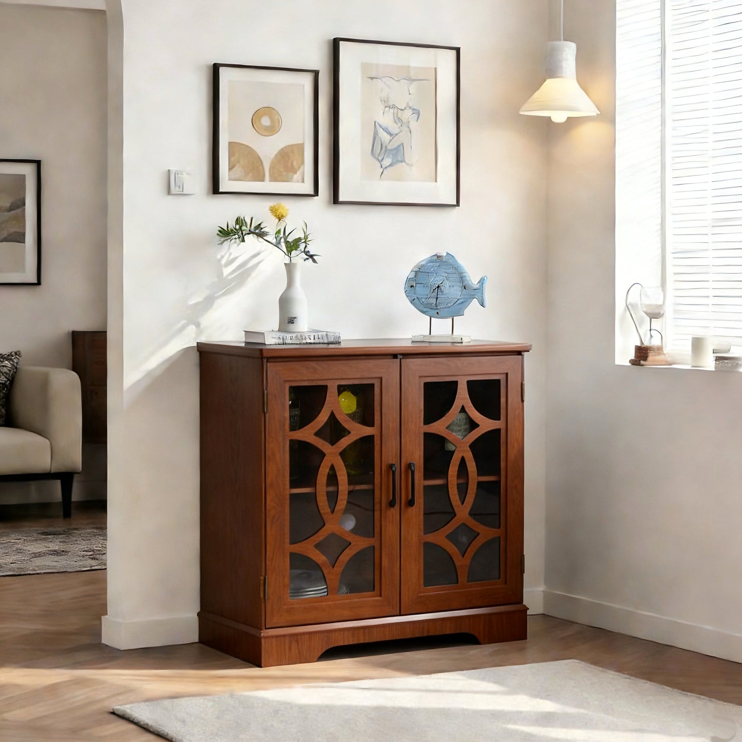 34.37X 15.55X 34.06in Spacious Size Sideboard 2 Clear Tempered Glass Doors Buffet With Adjustable Shelf, MDF With Dark OAK Decorative Laminates Storage Cabinet For Dinning Room, Kitchen,living Room