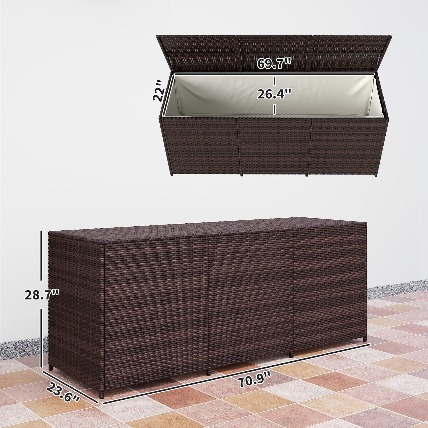 175 Gallon Outdoor Storage Box With Inner Liner, PE Rattan Wicker Deck Box With Pneumatic Bar Lift, Mixed Brown