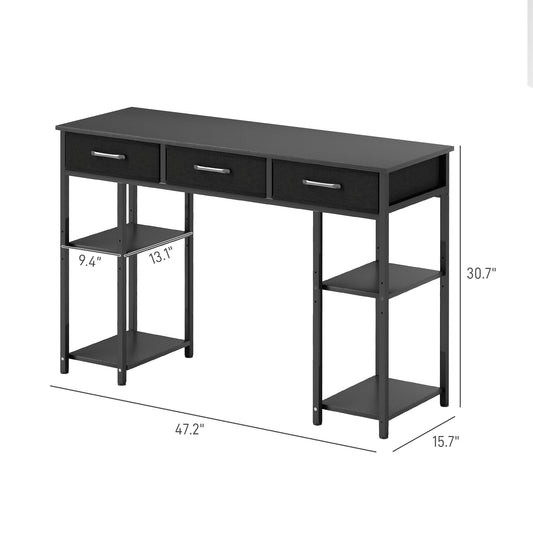 47" Small Computer Desk, Writing Desk With Fabric Drawers, Home Office Desk With Adjustable Shelves, Black