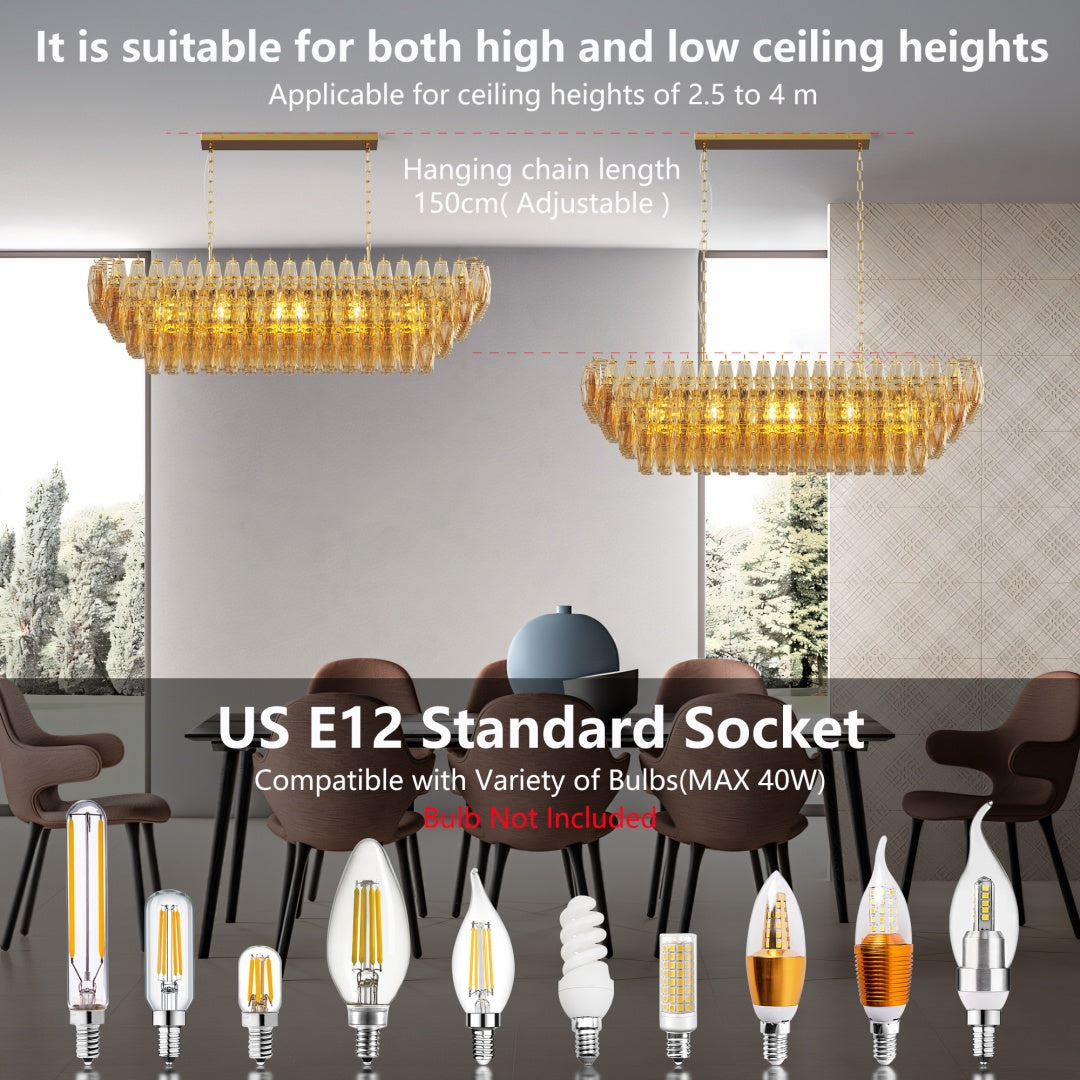 Modern Chandeliers For Dining Room, 54  Large Rectangle Gold Kitchen Chandelier Over Table, 12-Light With Smoke Glass Ceiling Lights, Farmhouse Pendant Lighting Fixture For Living Room Bedroom