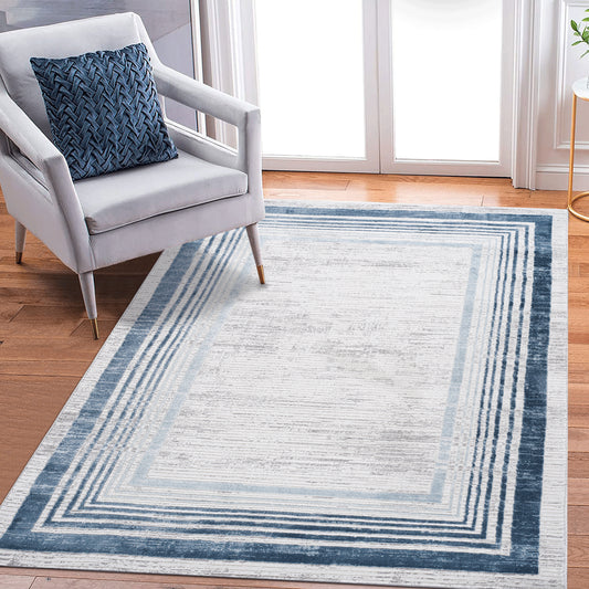 MARFI  8X10 Blue  Ivory  Bordered Area Rug