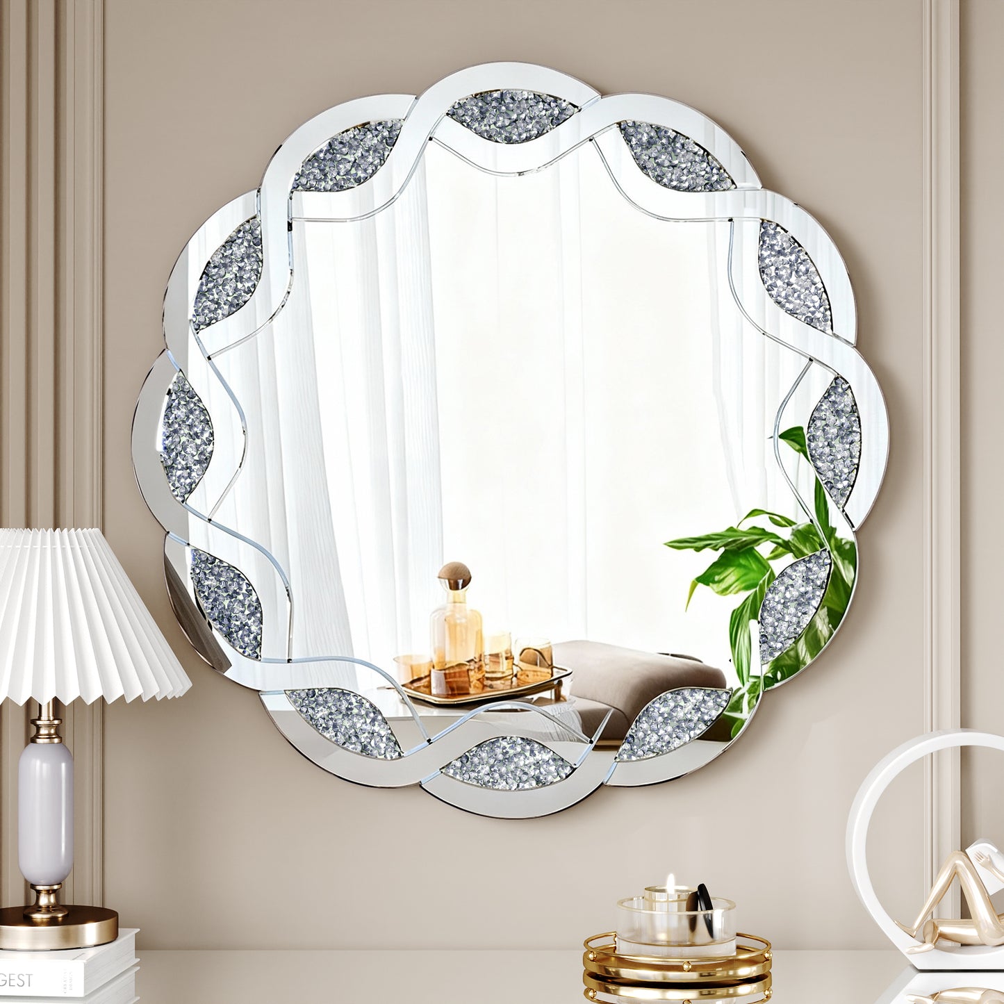 Silver Crush Diamond Round Wall Mirror, 31.5 Inch Wave Frame Decorative Mirror For Living Room, Bathroom, Bedroom, Hallway, Heavy Duty Frame With 2 Hangers