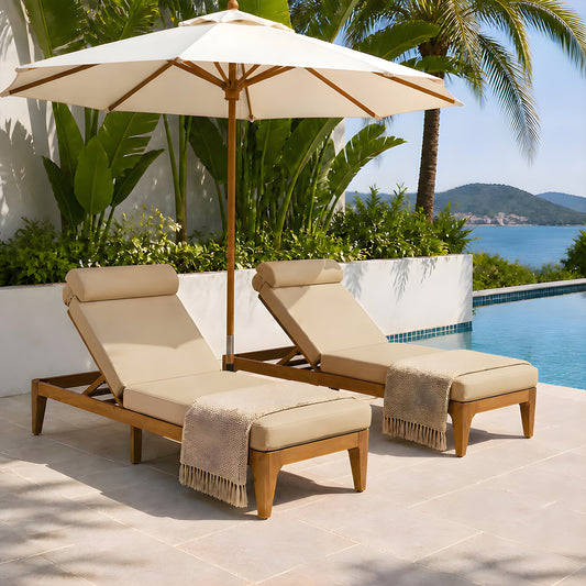 TOPMAX Acacia Wood Chaise Lounge, Outdoor Sun Lounge Chair, Patio Recliner With Adjustable Backrest And Head Pillow For Poolside, Backyard, Garden, Indoor&Outdoor, Set Of 2, Coffee Brown
