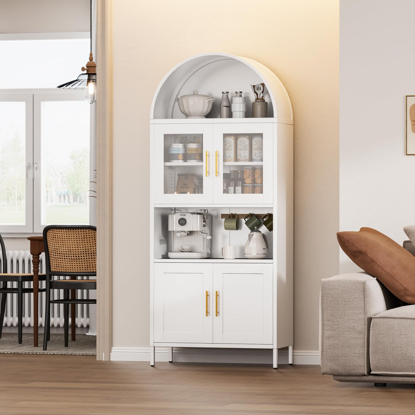 73inch Tall Arched Kitchen Pantry Cabinet With Doors, Metal Arched Hutch Cabinet For Kitchen, Dining Room, Living Room, Assembly Required, White