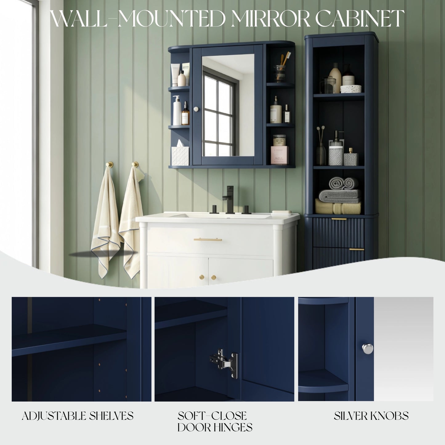 Bathroom Wall Storage Cabinet With Mirror, Medicine Cabinet With Adjustable Wood Shelf & Doors, Mounted Storage Cabinets With 6 Open Shelves, Blue