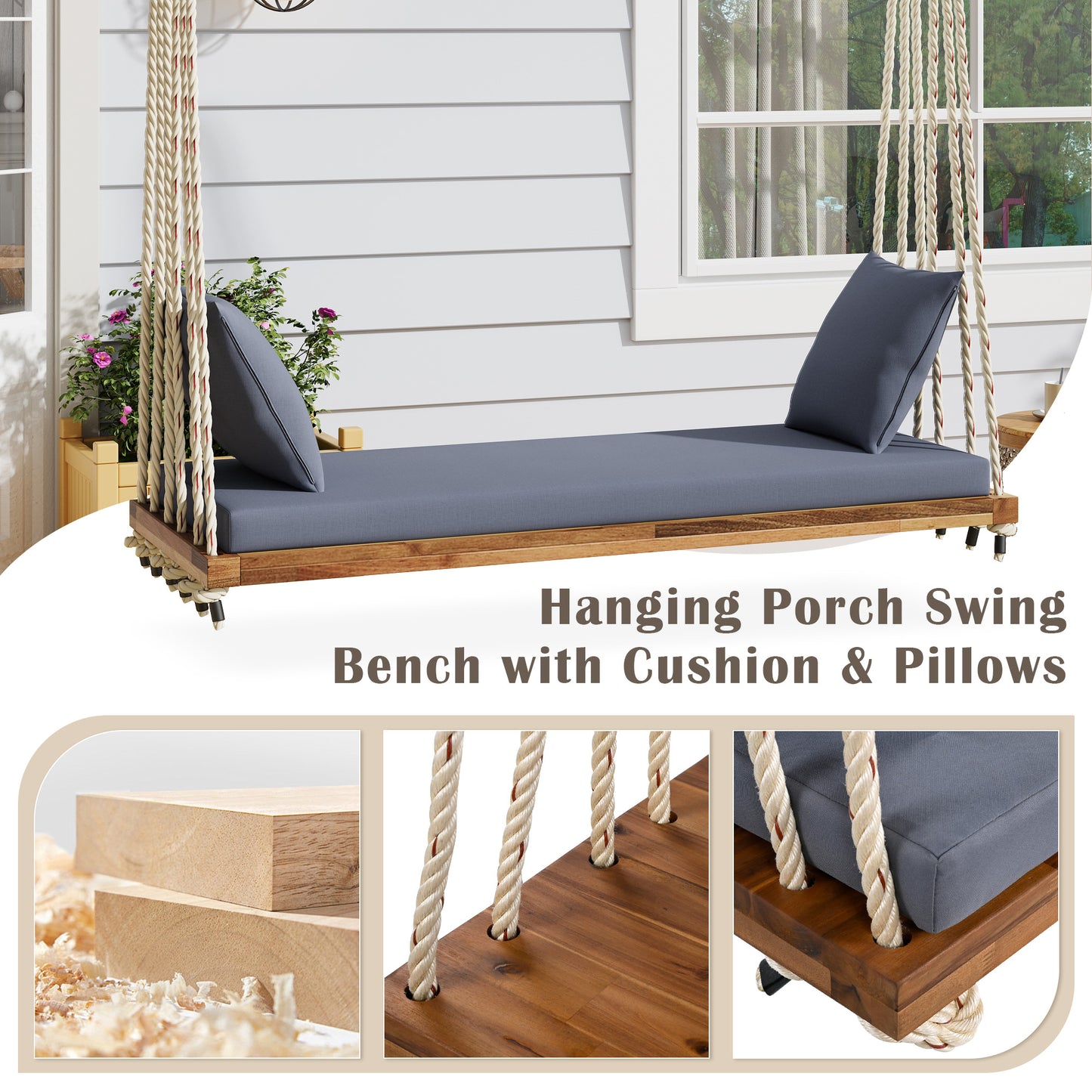 TOPMAx Patio Wooden Swing Chair  Hanging Porch Swing Bench With Cushion&Pillows  10.8Ft Hemp Ropes For Garden   Lawn Natural