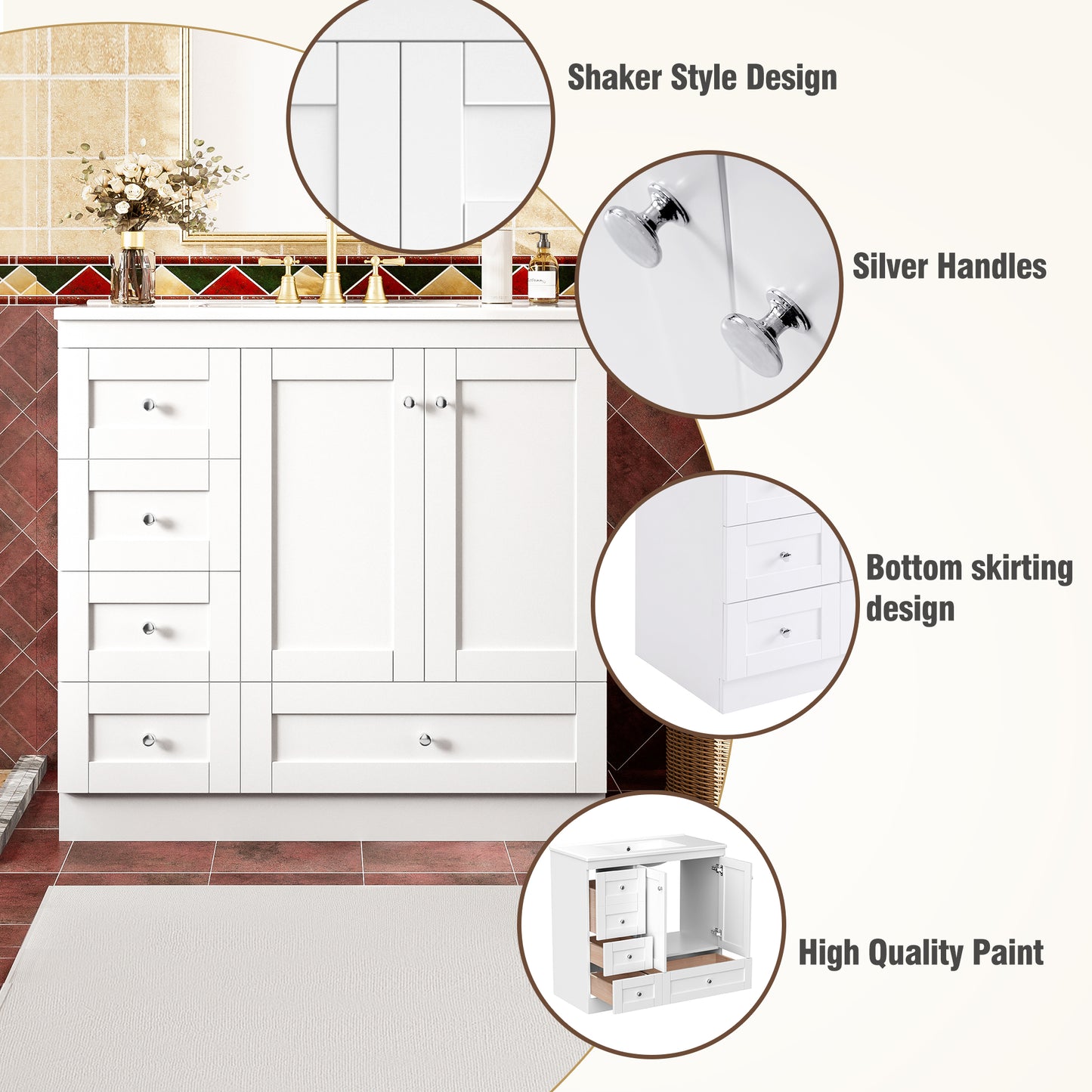 36 Inch Shaker Style Free-Standing Bathroom Vanity Cabinet With Ceramic Sink, 4 Soft-close Drawers And 2 Soft-close Doors