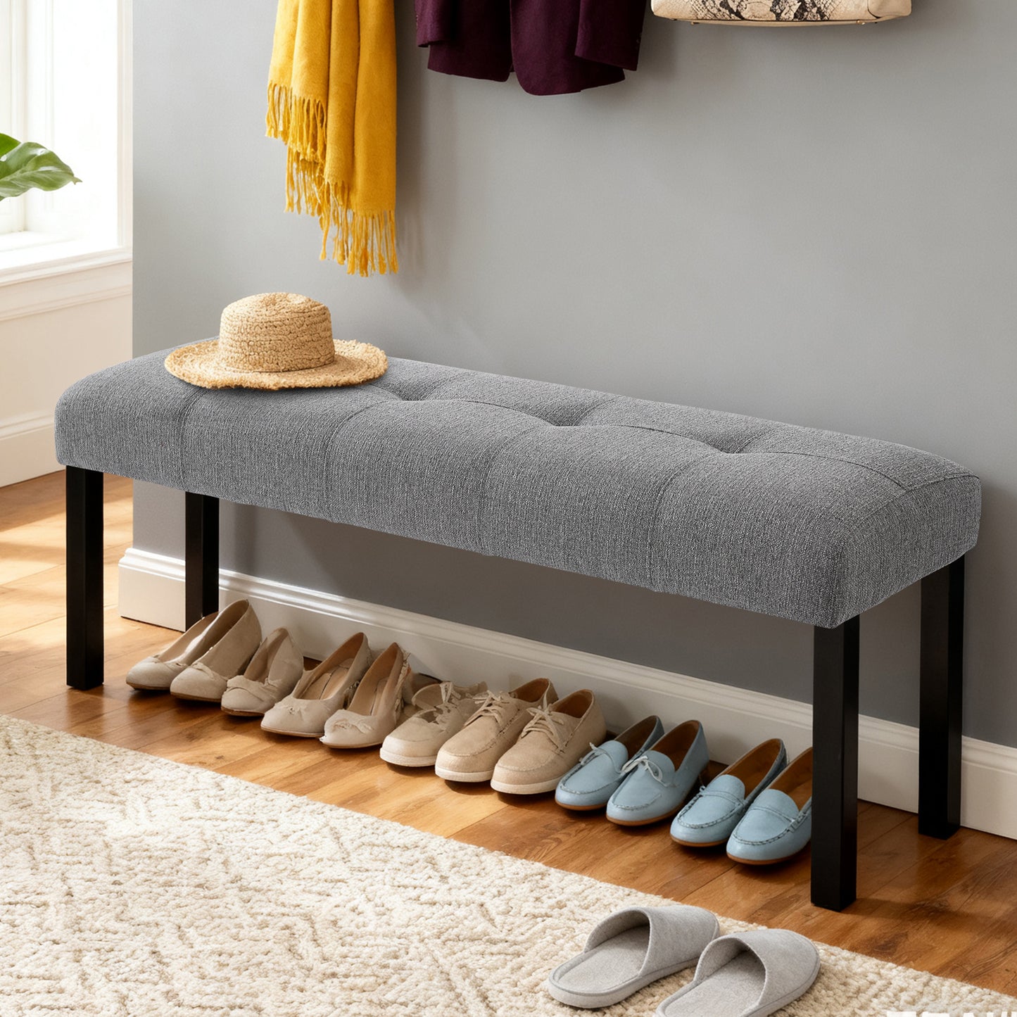 Modern Tufted Linen Dining Bench, Farmhouse Upholstered Entryway Bench With Black Rubber Wood Legs, Versatile For Kitchen, Bedroom, Hallway, Gray