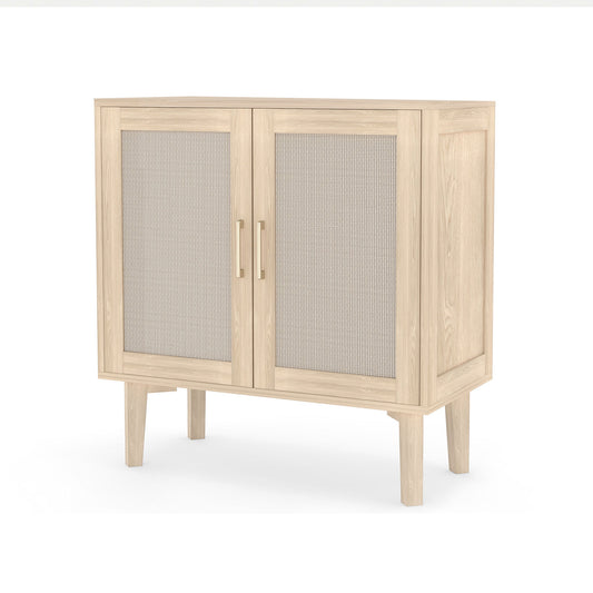 Buffet Cabinet With Rattan Decor Doors Solid Wood Feet Multifunctional Sideboard Cabinet For Dining Room Kitchen Light Oak