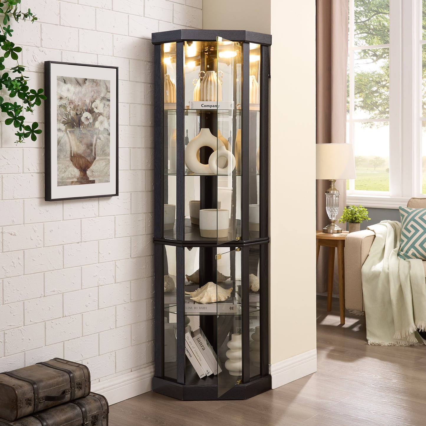 Lighted Corner Curio Cabinet - Elegant Glass Display Case For Living Room & Bar Storage - Perfect For Antique Collections & Wine - Includes Built-in Lighting - BLACK