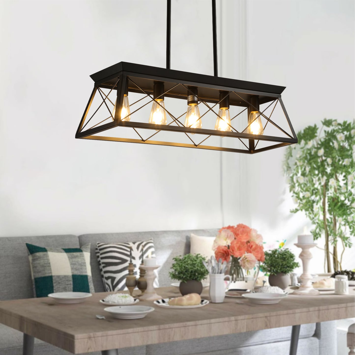 32-inch Black Industrial 5-Light Pendant Chandelier, Modern Metal Cage Design, Adjustable Hanging Light For Dining Room, Kitchen, Living Room  Bulb Not Included