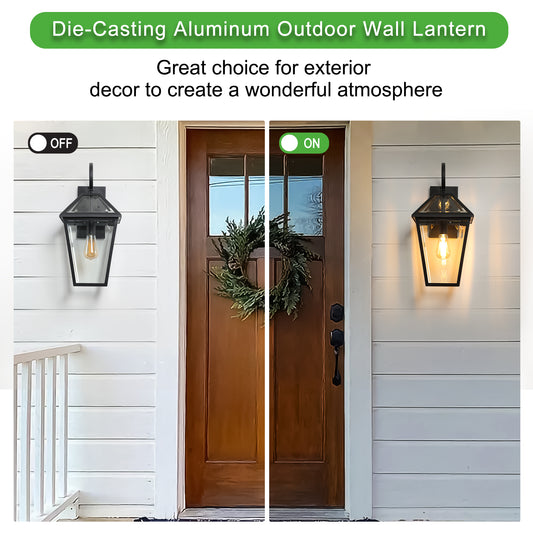 21 H2  Pack Outdoor Wall Lantern Light  Modern Black Metal & Clear Glass Sconce For Porch, Patio, And Garden Lighting Bulb Not Included