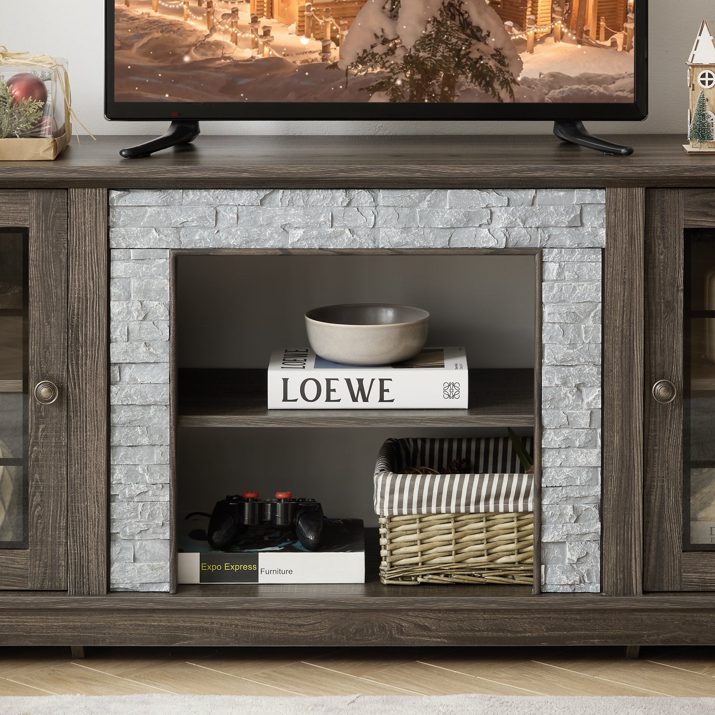 58  Modern TV Stand With 2-Door Storage, Faux Stone Media Console Cabinet, Grey Large Entertainment Center For Living Room