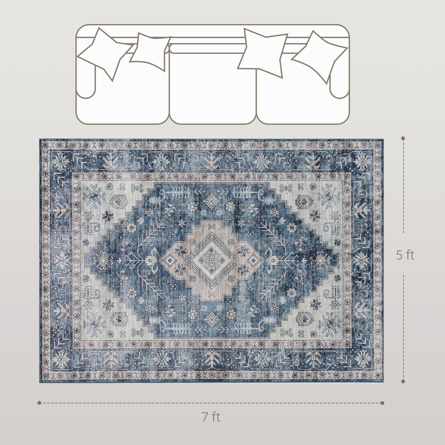 5x7 Area Rug, Vintage Washable Rug, Non-Slip Floor Carpet For Living Room, Bedroom, Dining Room, Blue