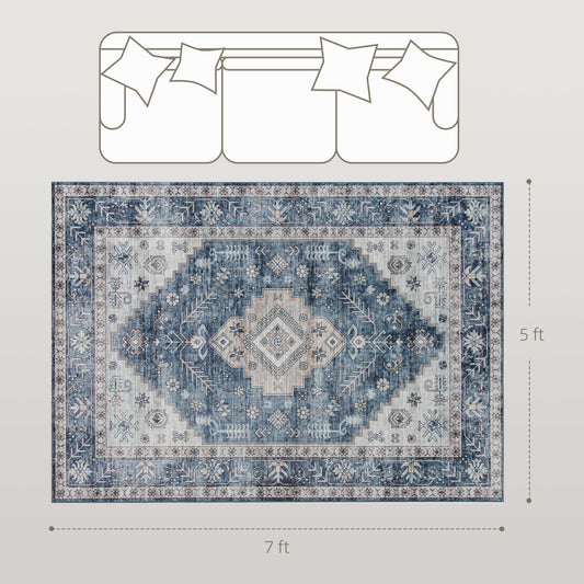 5x7 Area Rug, Vintage Washable Rug, Non-Slip Floor Carpet For Living Room, Bedroom, Dining Room, Blue