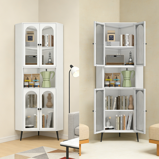 73inch Corner Cabinet, Metal Storage Cabinet With Doors And Adjustable Shelves, Corner Organizer Stylish Space-Saving Storage For Entryway, Bathroom,Bedroom,Dining Room, Living Room, Office White