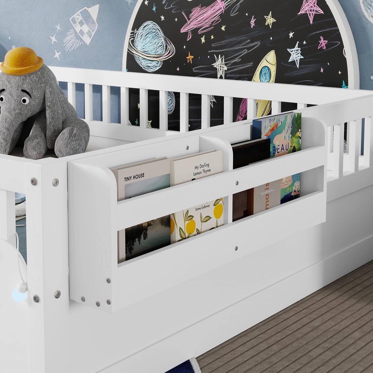 Full Montessori Floor Bed Frame With High Rails, Wood Kids Floor Beds With Light And Storage Shelf, White Expect Arrival Date 2025 8 15