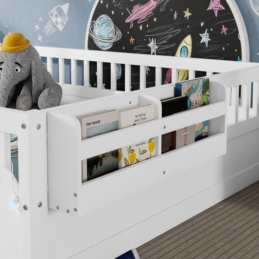 Full Montessori Floor Bed Frame With High Rails, Wood Kids Floor Beds With Light And Storage Shelf, White Expect Arrival Date 2025 8 15