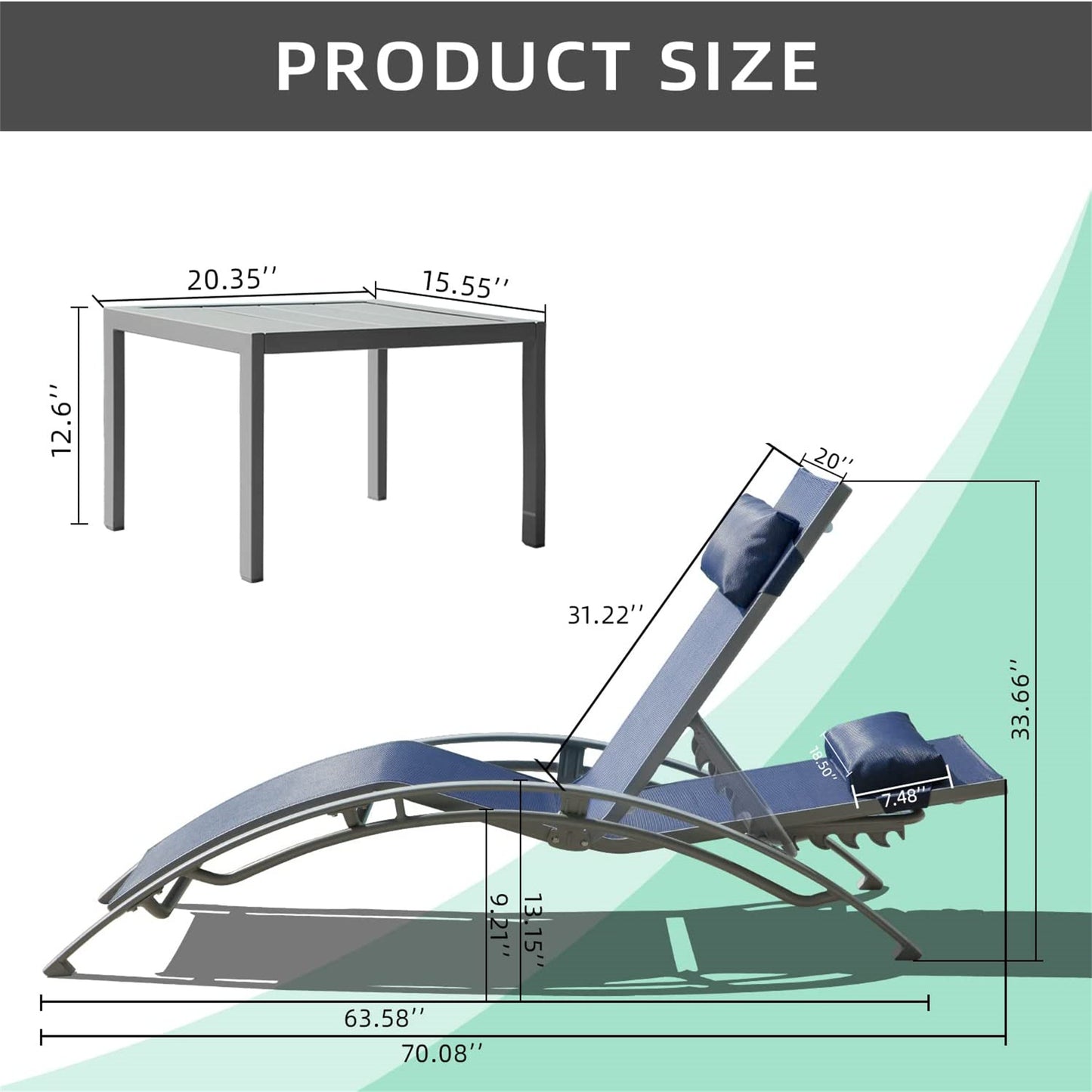 Pool Lounge Chairs Set Of 3, Adjustable Aluminum Outdoor Chaise Lounge Chairs With Metal Side Table, All Weather For Deck Lawn Poolside   Blue, 2 Lounge Chirs 1 Table