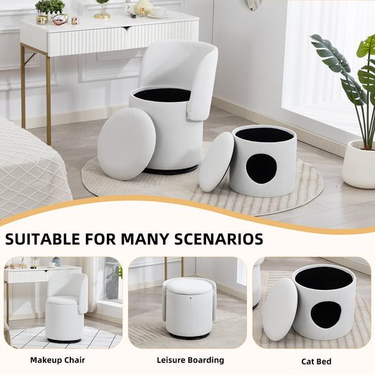 Stylish Upholstered Barrel Chair 360 Swivel Vanity Stool For Bedroom & Dining Chair, Built-in Storage, Soft Padded Accent Seat, Multi-Functional For Dressing Dining, Free Cat Bed Stool Included,