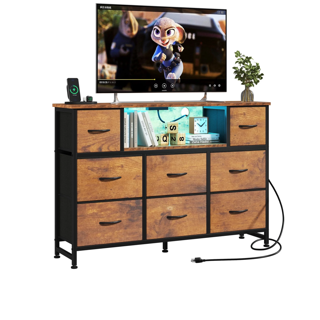 A Storage Cabinet With 8 Fabric Drawers And An Electrical Socket, And An LED TV Cabinet With USB And Type-C Interfaces