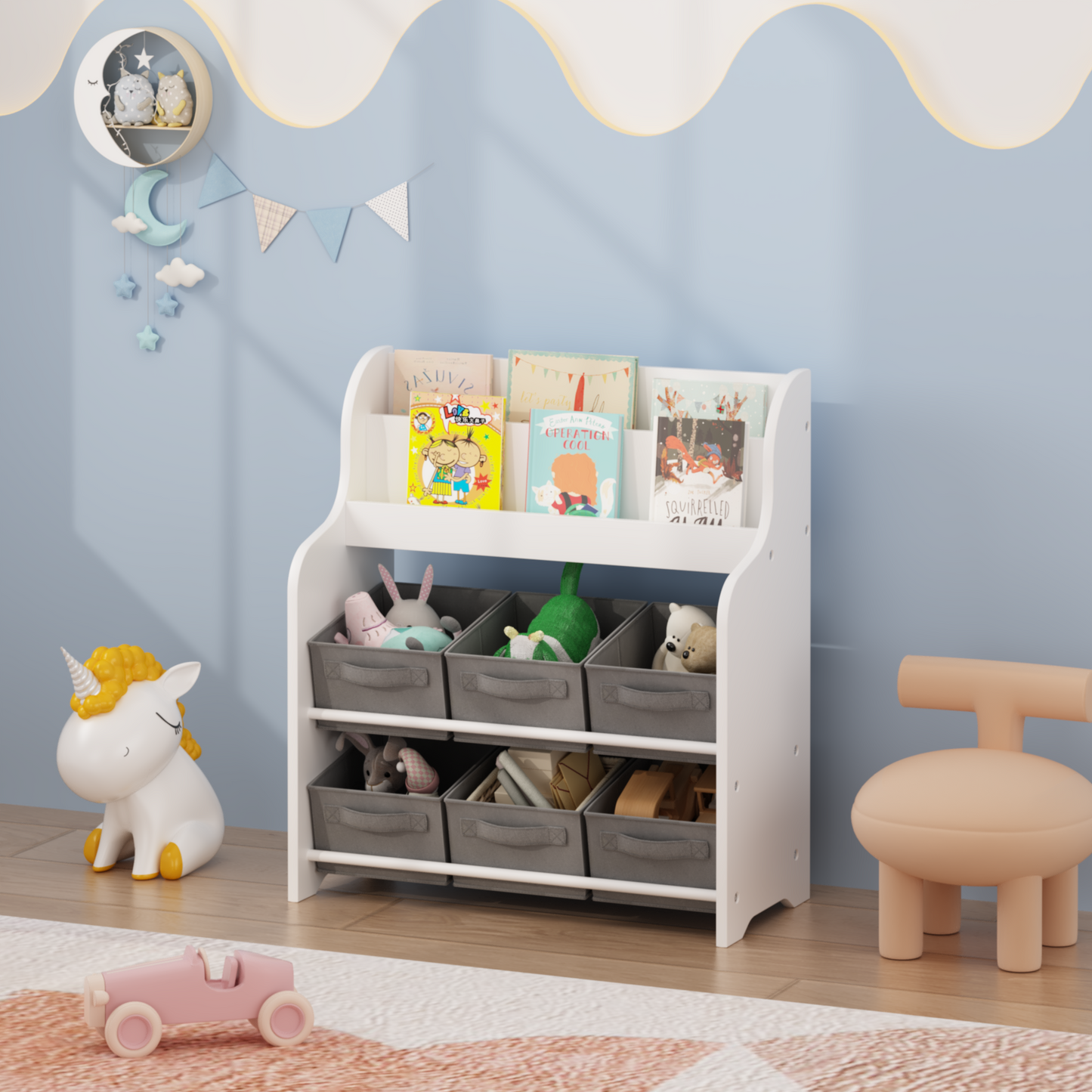 Kids Bookshelf With 6 Fabric Storage Bins, Multi-Functional Children's Bookcase And Toy Organizer, Front-Facing Display Shelf For Playroom, Bedroom Or Nursery - White & Gray