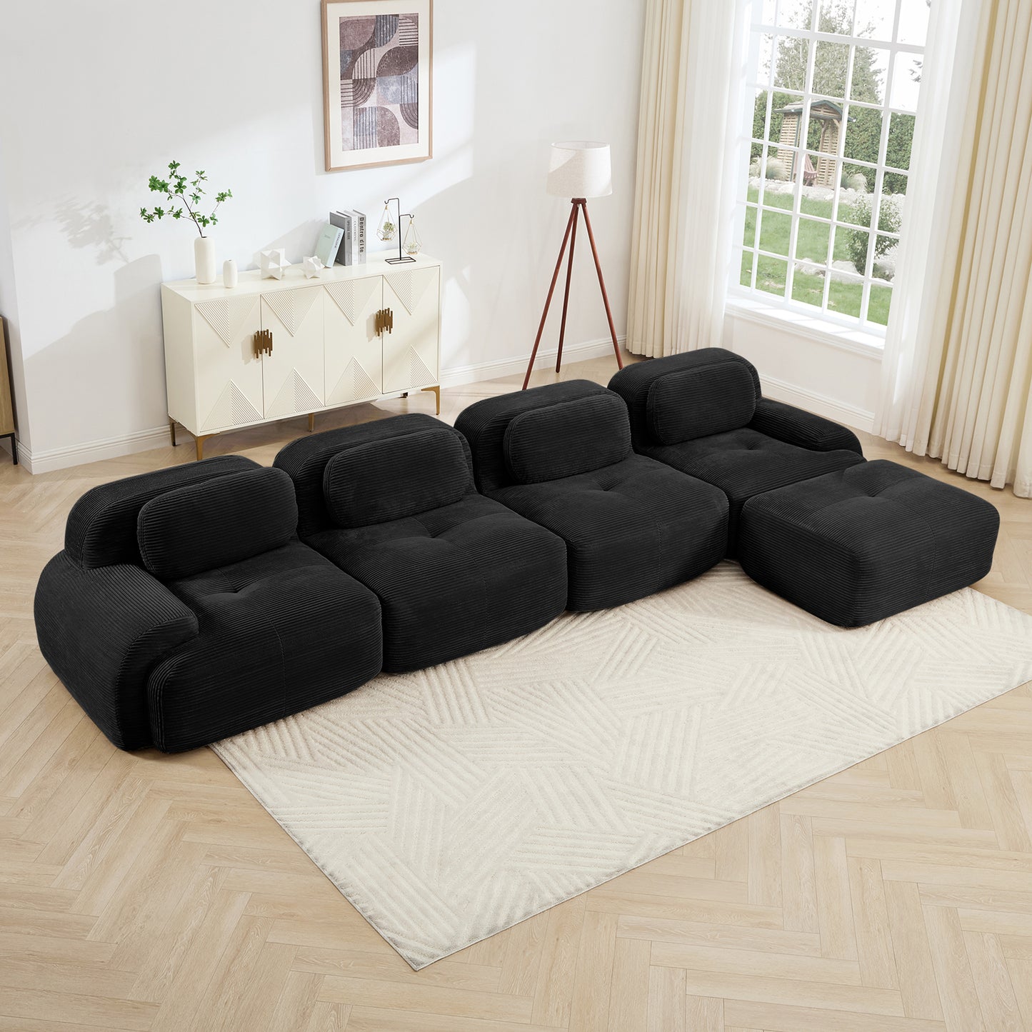4-seat L-shaped Sofa 32D High-resilience Sponge Anti-slip Design Chaise Design Extra-wide Curved Armrests Multi-free Combination No Assembly For Studies Living Rooms Media Rooms,Black